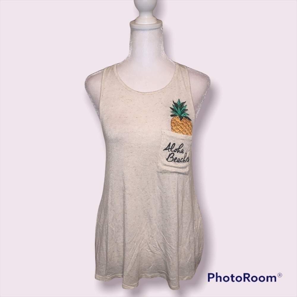 Last Chance Aloha Beaches Pineapple  Pocket Racerback Tank Top Oatmeal Heather‎